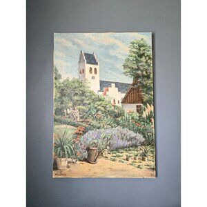 Bucolic Church Garden Oil Painting Signed by Artist Danish Village Summer